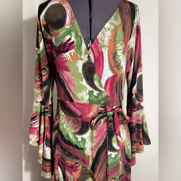 Long Tall Sally LTS Faux Wrap Maxi Dress UK 12 US 8 Abstract Bold Phoebe Buffay - Picture 2 of 15